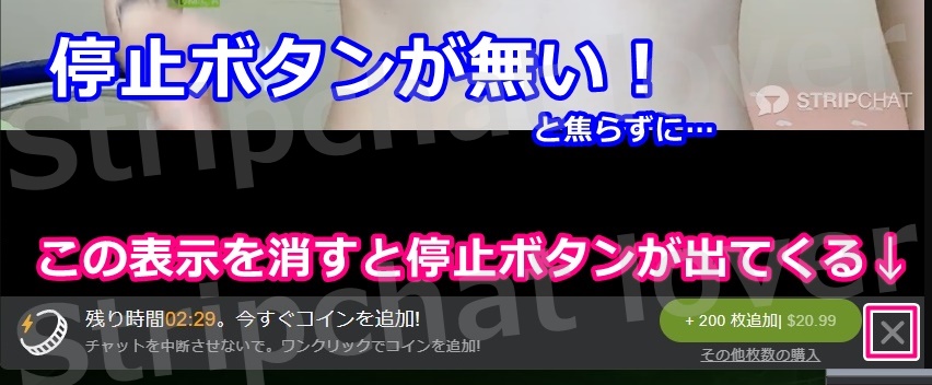 STRIPCHATでスパイチャット中の停止ボタン表示方法