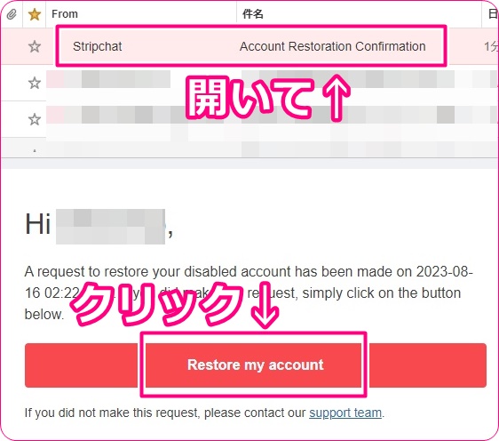 STRIPCHATの復元メール確認画面