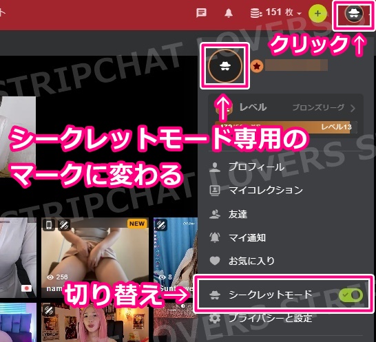 stripchatのシークレットモードの切り替えボタンとマーク表示
