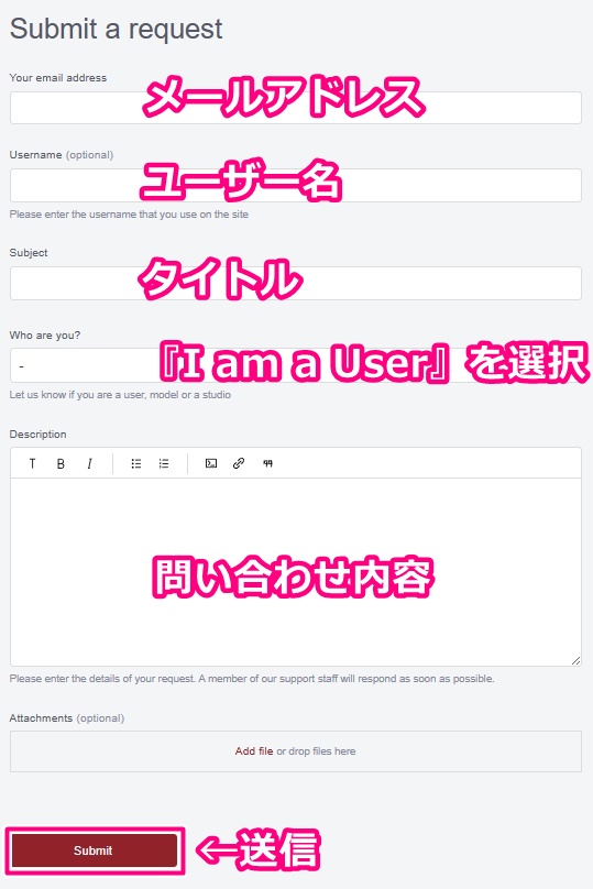 stripchatの問い合わせ入力画面