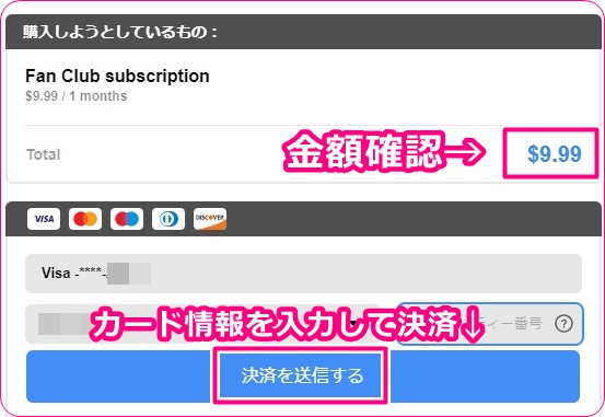 stripchatのクレジットカード情報入力画面
