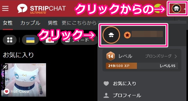stripchatの自分の情報確認ボタン