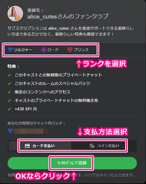 stripchatでファンクラブ入会ランクと支払方法選択画面